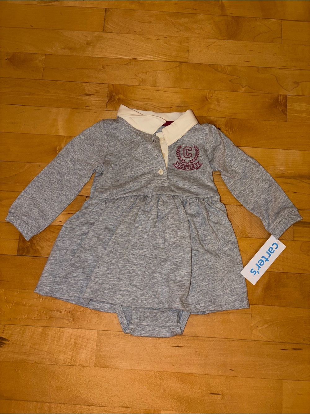 Carter's Gray Polo Dress Bodysuit with Cream Collar and Maroon Trim